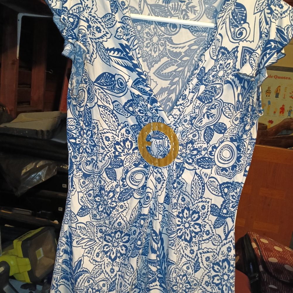 Blue and White Ruffled Embellished Blouse